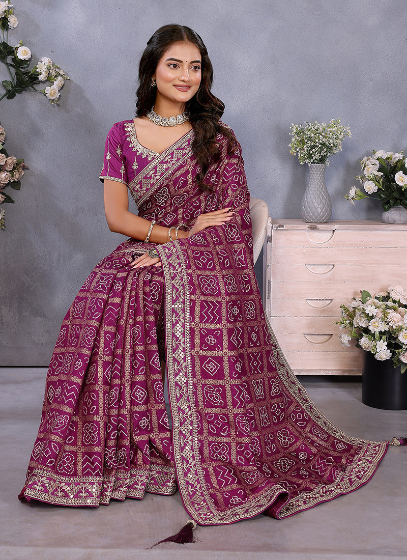 Vellora Wine Vichitra Silk Foil Embroidery Codding Work Saree - Distacart