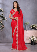 Vellora Red Fendi Chiffon Embroidery Resham Work Saree - Distacart