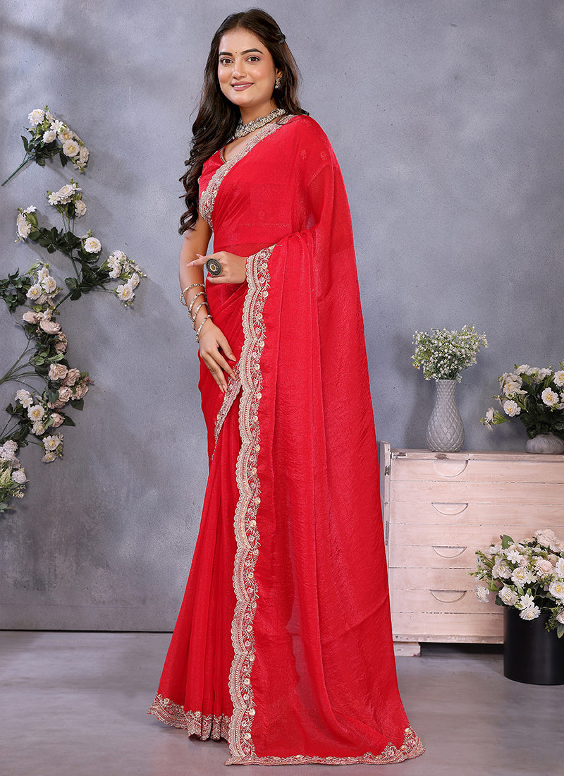 Vellora Red Fendi Chiffon Embroidery Resham Work Saree - Distacart