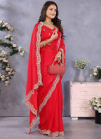 Vellora Red Fendi Chiffon Embroidery Resham Work Saree - Distacart