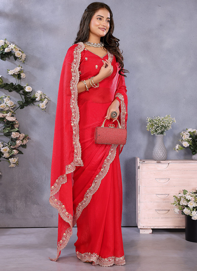 Vellora Red Fendi Chiffon Embroidery Resham Work Saree - Distacart