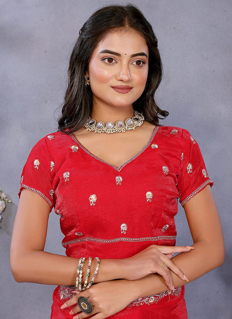 Vellora Red Fendi Chiffon Embroidery Resham Work Saree - Distacart