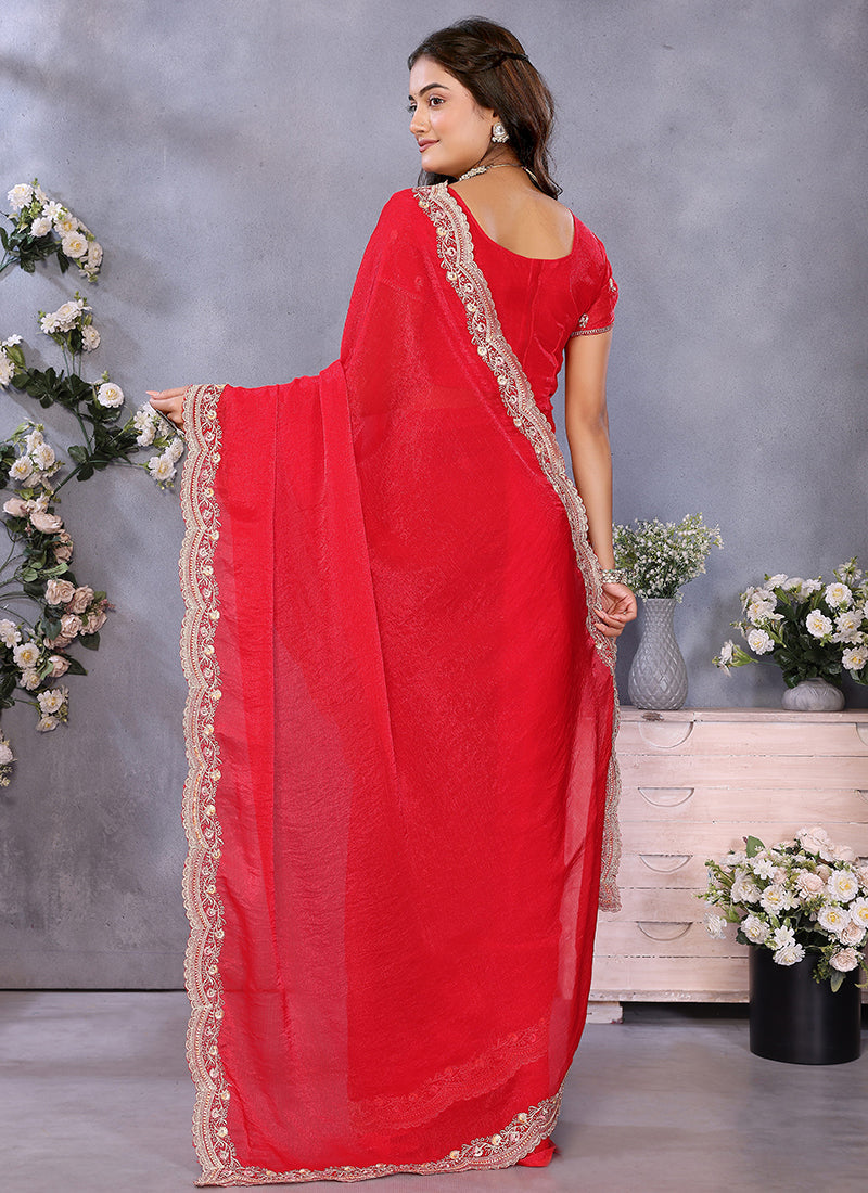 Vellora Red Fendi Chiffon Embroidery Resham Work Saree - Distacart