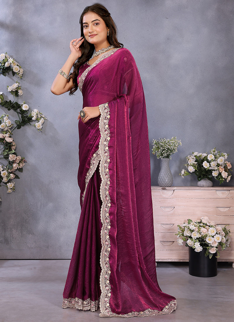 Vellora Wine Fendi Chiffon Embroidery Resham Work Saree - Distacart