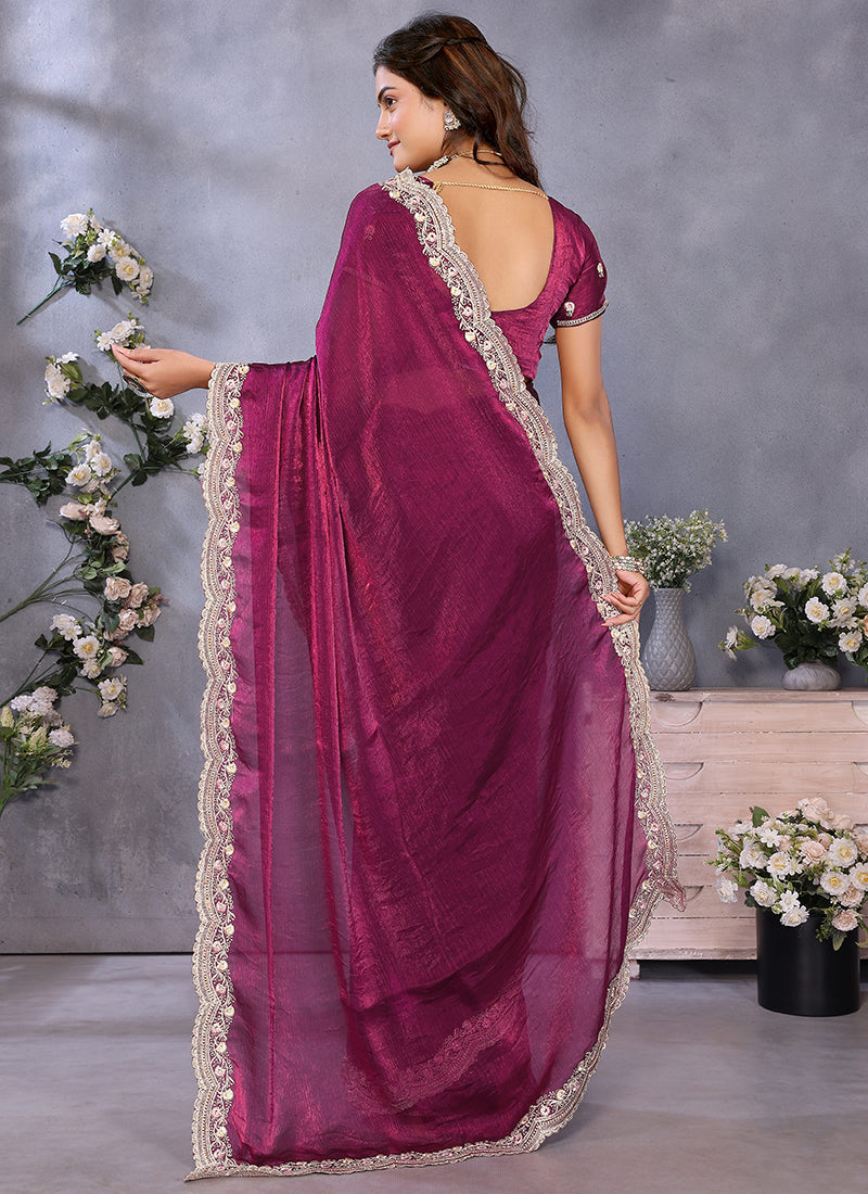 Vellora Wine Fendi Chiffon Embroidery Resham Work Saree - Distacart