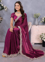 Vellora Wine Fendi Chiffon Embroidery Resham Work Saree - Distacart