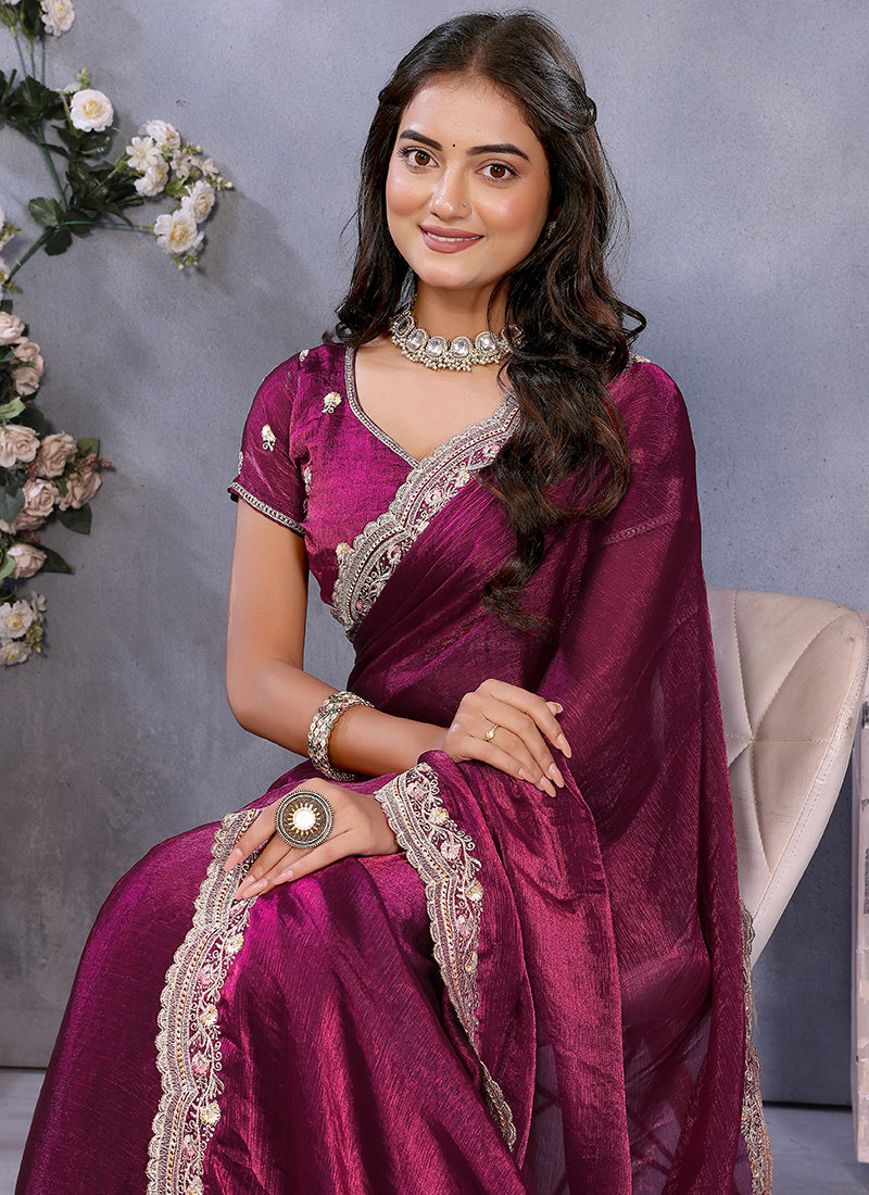 Vellora Wine Fendi Chiffon Embroidery Resham Work Saree - Distacart