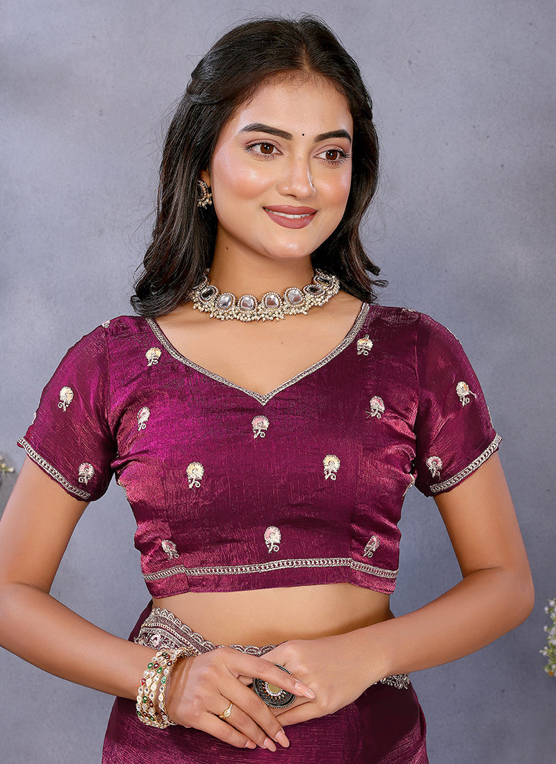 Vellora Wine Fendi Chiffon Embroidery Resham Work Saree - Distacart