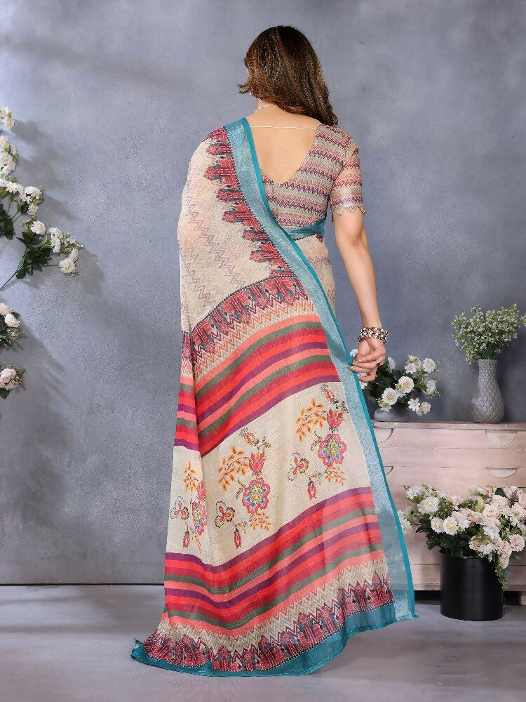 PR Fashion Cream Handloom Linen Cotton Saree