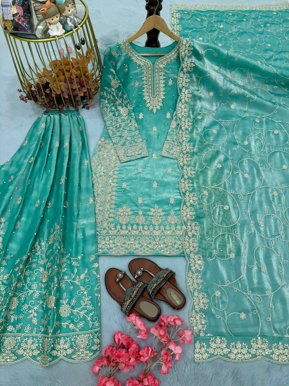 Teeya Creation Turquoise Pure Silk Gimmy Silk Heavy Embroidery Work Wedding Wear Palazzo Pair - Distacart