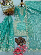 Teeya Creation Turquoise Pure Silk Gimmy Silk Heavy Embroidery Work Wedding Wear Palazzo Pair - Distacart