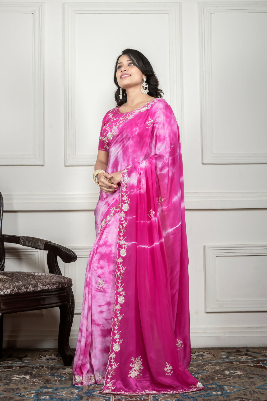 Morchari Pink Crepe Hand Embroidery Saree And Stitched Blouse - Distacart
