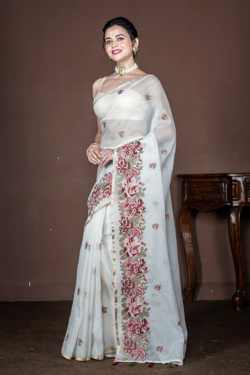 Morchari Off White Supernet Cross Embroidery Saree Unstitched Blouse - Distacart