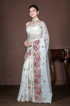 Morchari Off White Supernet Cross Embroidery Saree Unstitched Blouse - Distacart