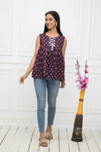 Myshka Women Brown Solid Round Neck No Sleeves Pure Cotton Top - Distacart