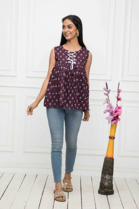 Myshka Women Brown Solid Round Neck No Sleeves Pure Cotton Top