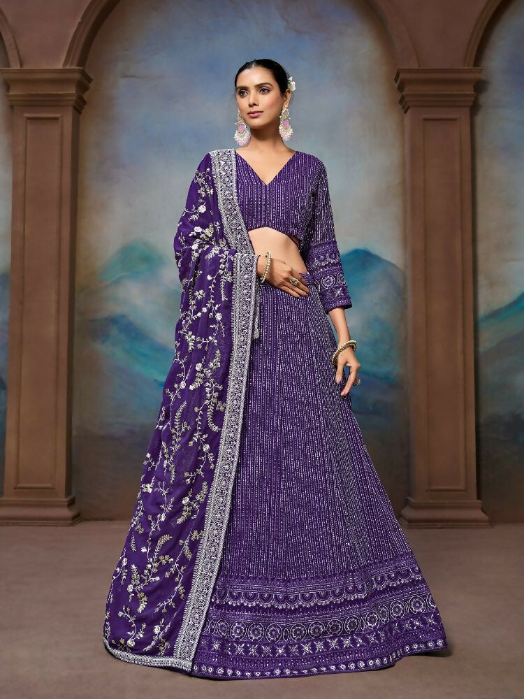 Purple Georgette Embroidery Work Lehenga Choli - Jihu Culture