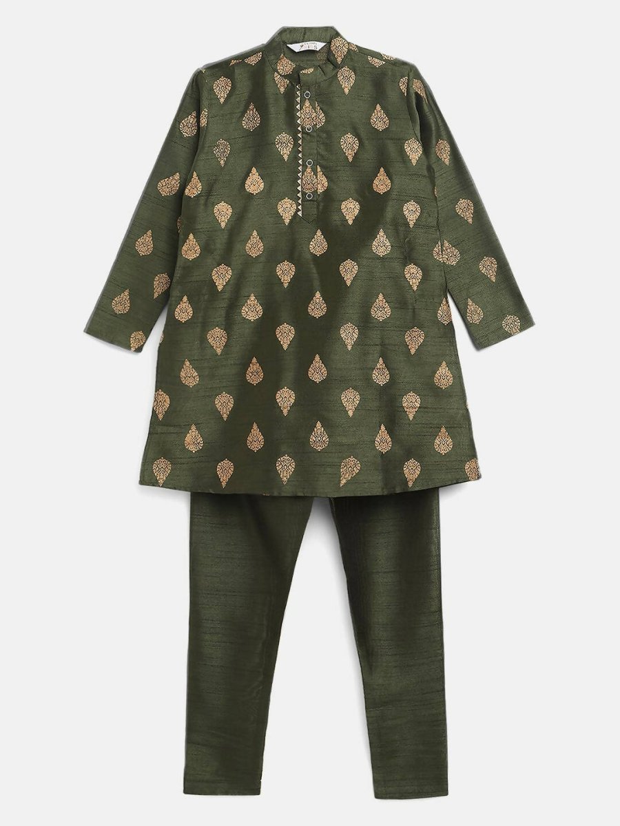 Ahalyaa Green Poly Silk Gold Print Kids Kurta Churidar Set For Boys