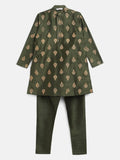 Ahalyaa Green Poly Silk Gold Print Kids Kurta Churidar Set For Boys