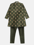 Ahalyaa Green Poly Silk Gold Print Kids Kurta Churidar Set For Boys