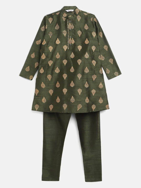 Ahalyaa Green Poly Silk Gold Print Kids Kurta Churidar Set For Boys