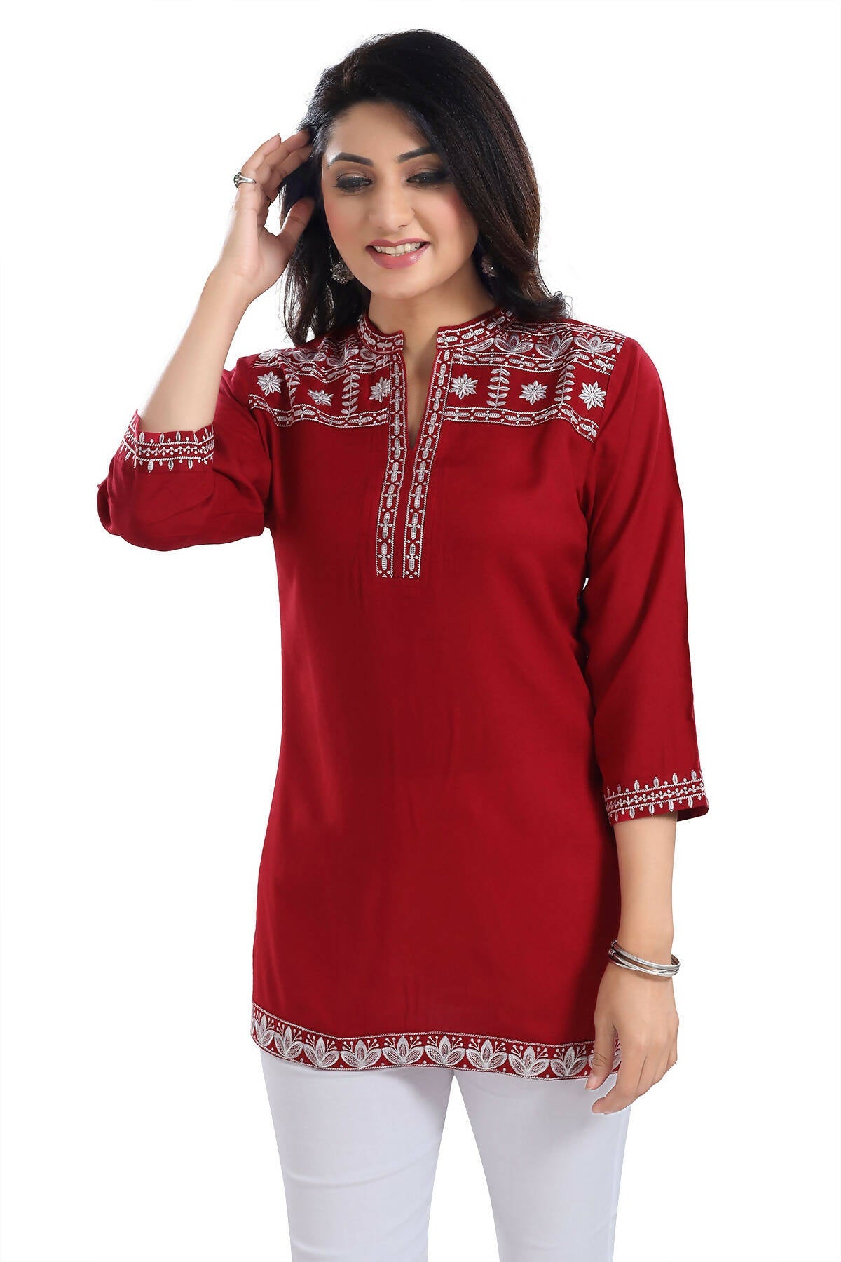 Snehal Creations Rosy Red Women Embroidered Boho Chic Tunic Top - Distacart