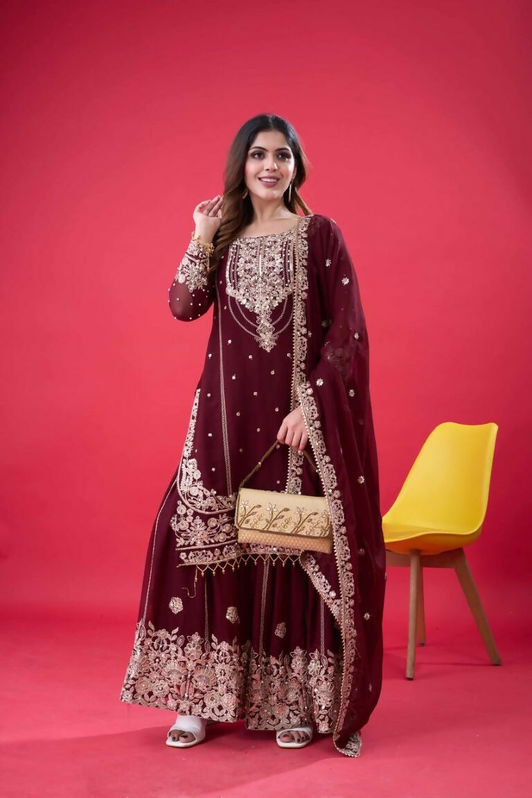 Teeya Creation Maroon Color Faux georgette Embroidery Work Sharara Set - Distacart