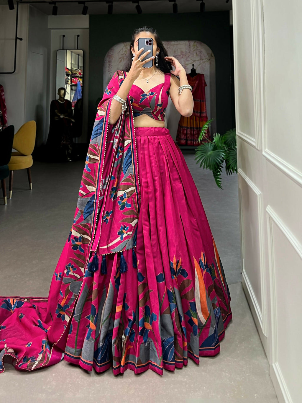 Vastranavya Fancy Floral Print With Foil Work Polyester Viscose Chanderi Lehenga Choli - Rani Pink