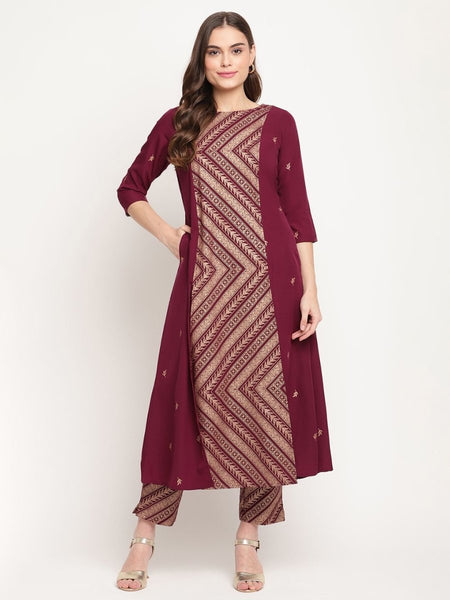 Ahalyaa Women's Wine Crepe Gold Glitter Print Kurta Trouser Set