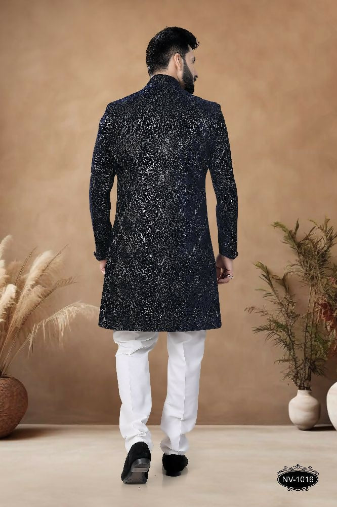 Joban Fashion Men's Blue Straight Velvet Thread & Sequence Embroidery All Over Indo-Western Kurta Set