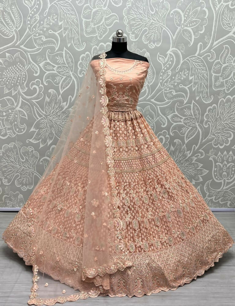 Jyoti Fashion Women's Peach Heavy Net Fancy Dori, Multi Thread, Rainbow Sequins and Diamond Work Wedding Lehenga Choli
