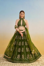 Aastha Fashion Mehandi Green Butterfly Net Tone To Tone Cotton Thread Work And Sequence Work Embroidery Wedding Wear Lehenga Choli
