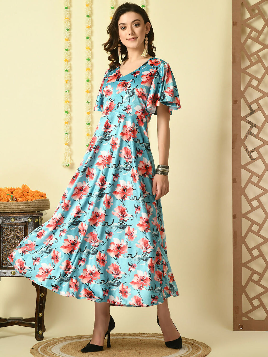 Myshka Women's Multi Printed Velvet Party Dress - Distacart
