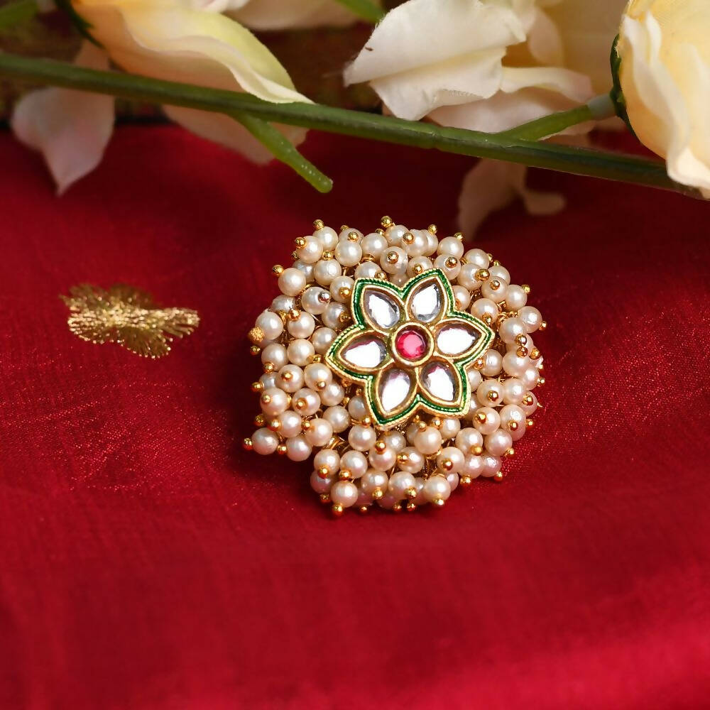 Mominos Fashion Joharkamal Gold-Polished with Pearls Adjustable Finger Ring