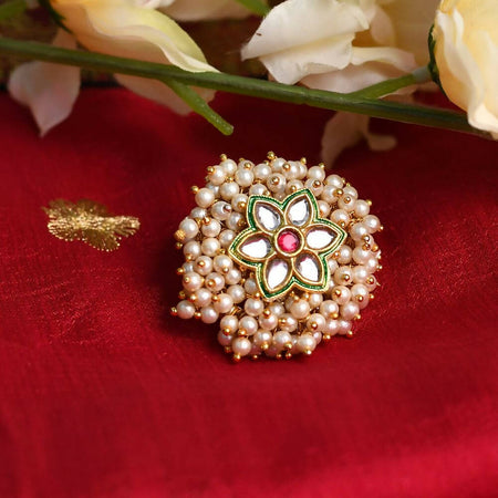Mominos Fashion Joharkamal Gold-Polished with Pearls Adjustable Finger Ring