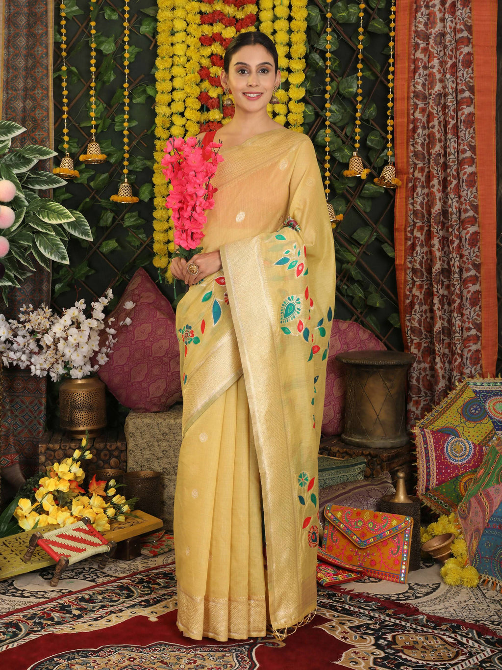 Shree Shyam Fashion Linen Cotton Yellow Saree - Distacart