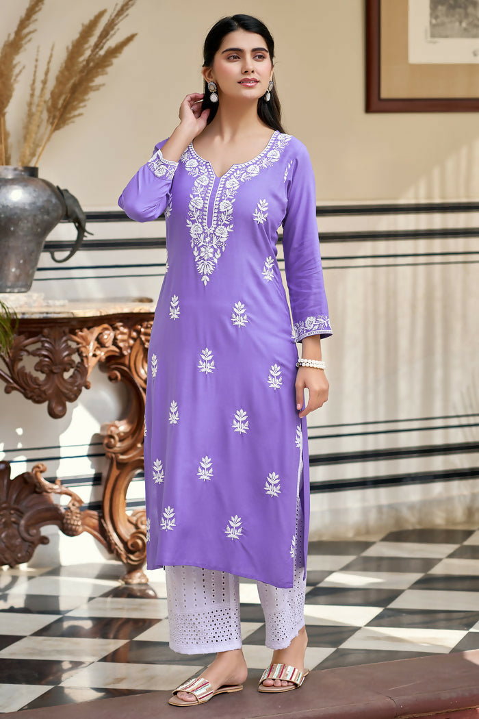 The52 Lavender Women's Gorgeous Chikankari work Pure Rayon Fabric Straight Kurta, Pant Set - Distacart