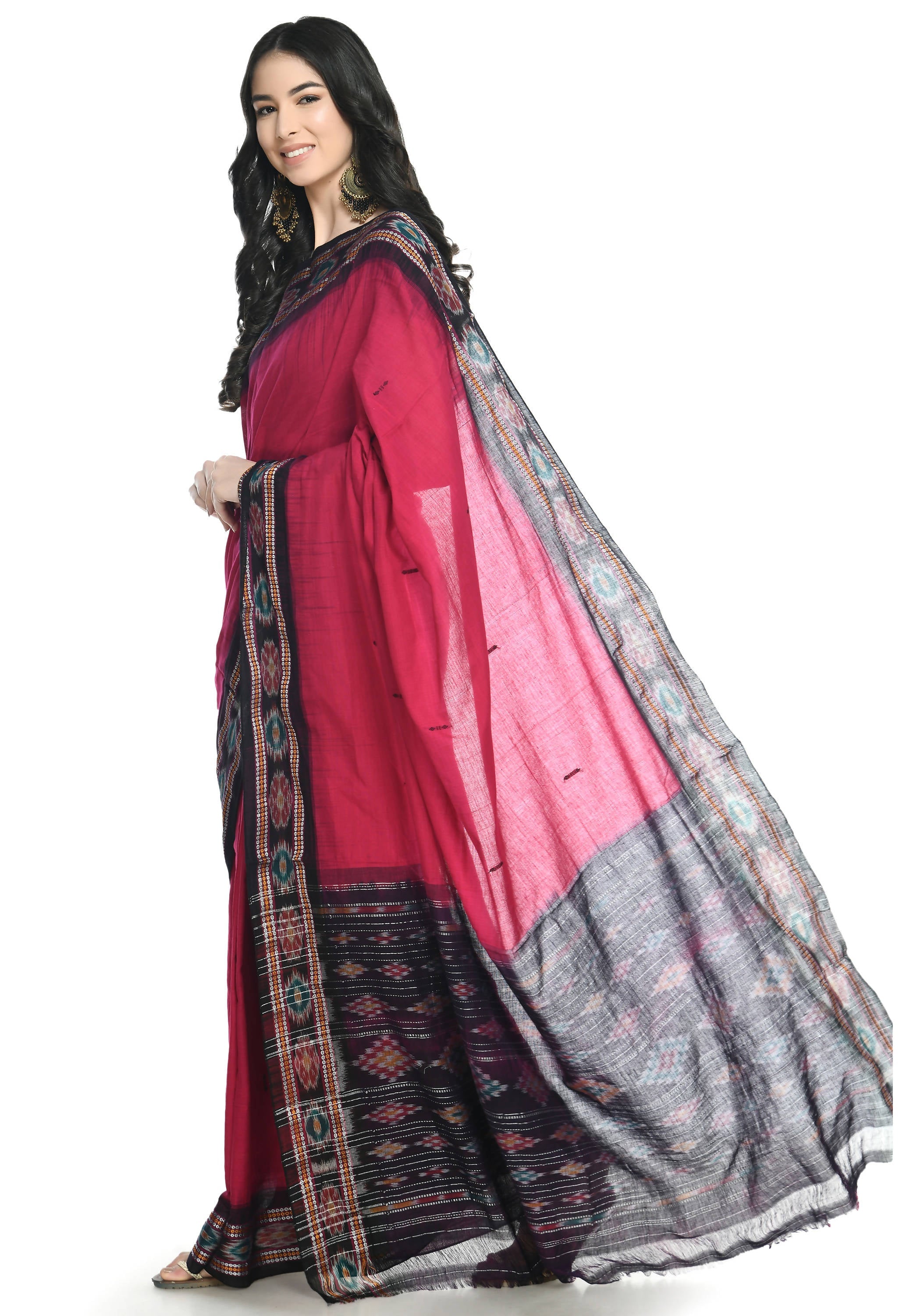 Vamika Sambalpuri Ikat Cotton Rekhabala Buti Magenta & Black Saree