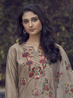 Indo Era Coffee Embroidered Straight Kurta Trouser With Dupatta Set - Distacart