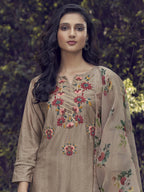 Indo Era Coffee Embroidered Straight Kurta Trouser With Dupatta Set - Distacart