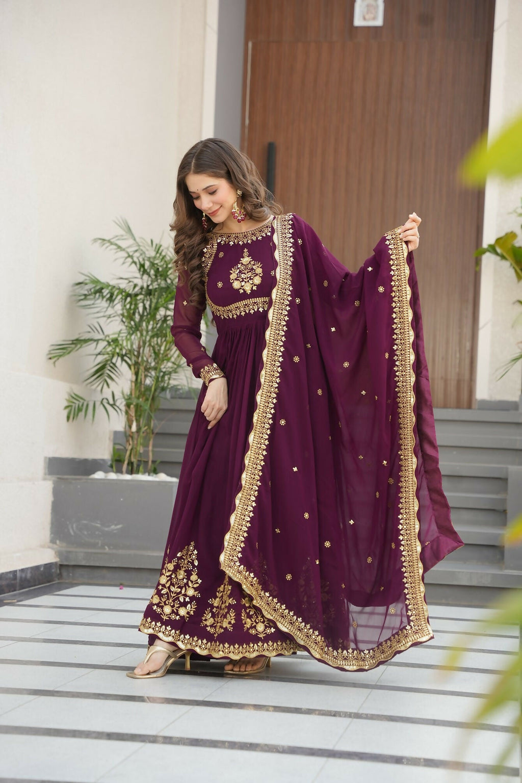 Joban Fashion Wine Georgette Sequence Embroidery Work Kurta Set - Distacart