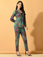 Myshka Women's Multi Printed Coat With Trousers