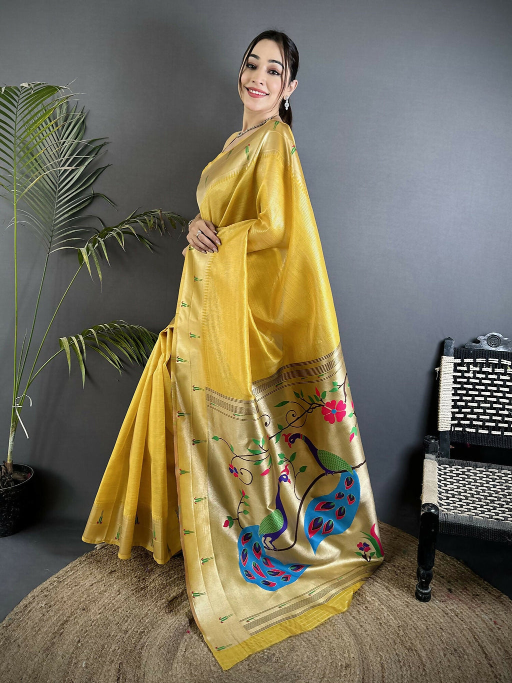 Joban Fashion Yellow Peacock & Floral Motifs Tissue Paithani Saree - Distacart