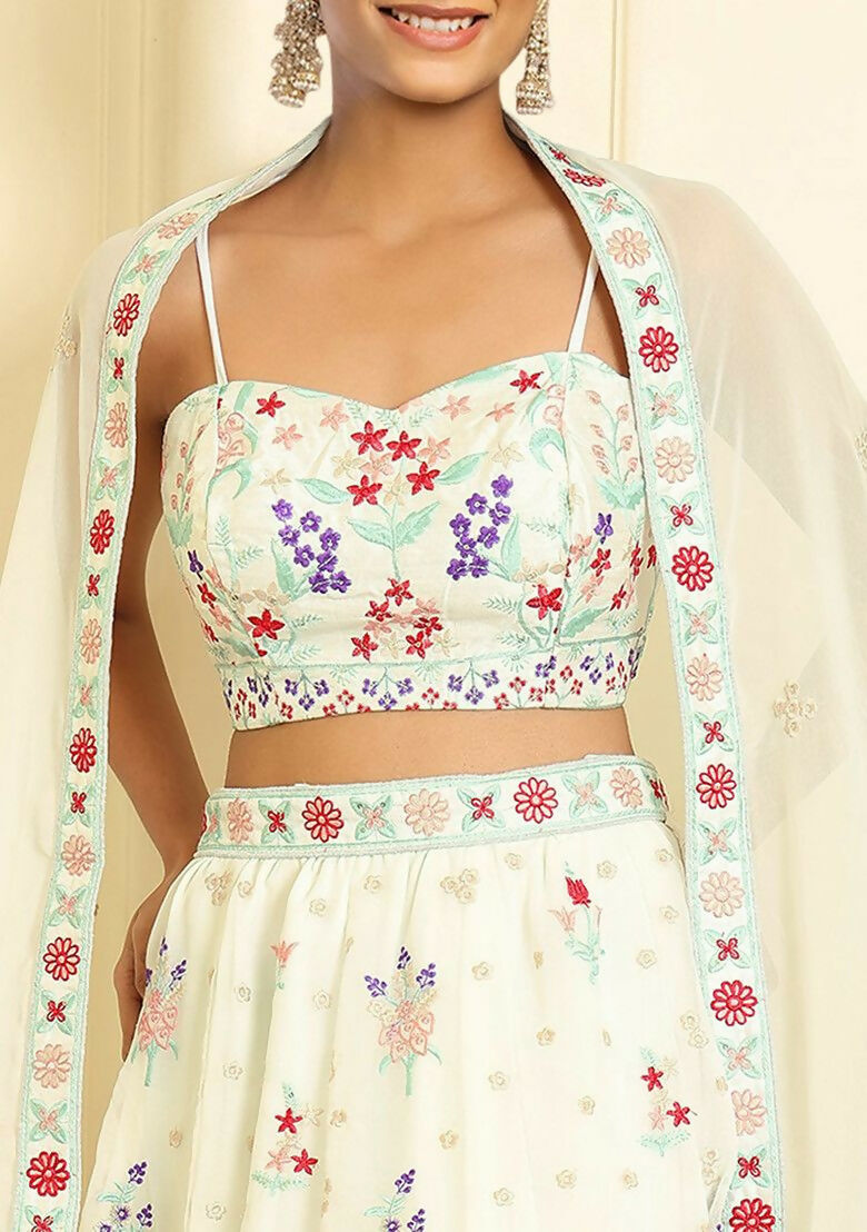 Eilara Glamorous Off White Thread Embroidered Georgette Lehenga Set