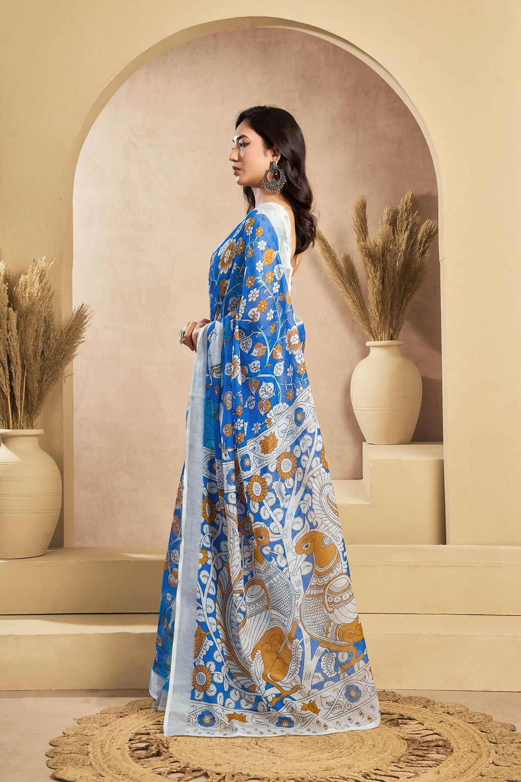 Vastranavya Blue Digital Printed Linen Ready To Wear Designer Saree with Unstitched Blouse - Distacart