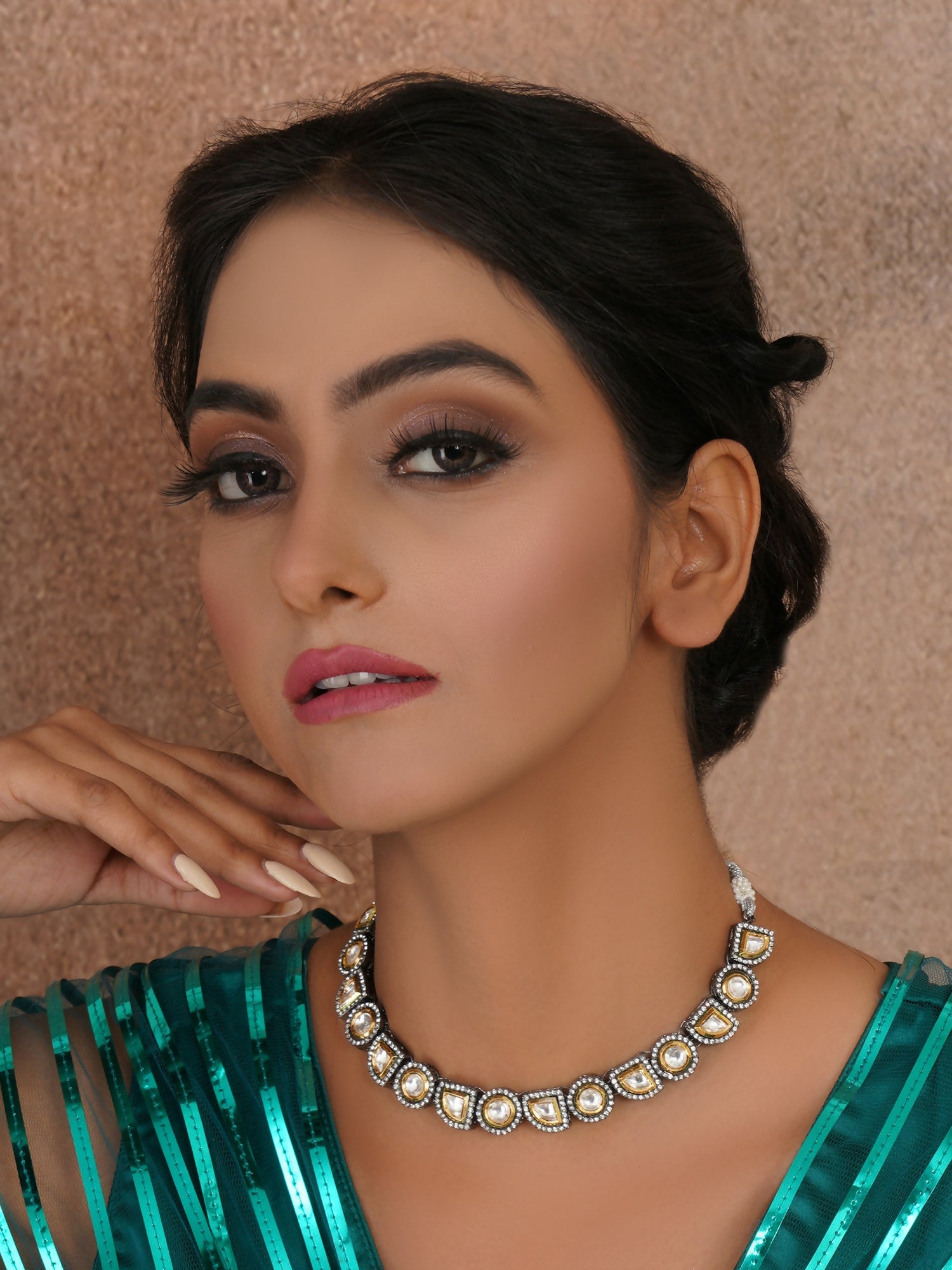 Dual Tone Kundan Neckpiece (silver) - Ruby Raang