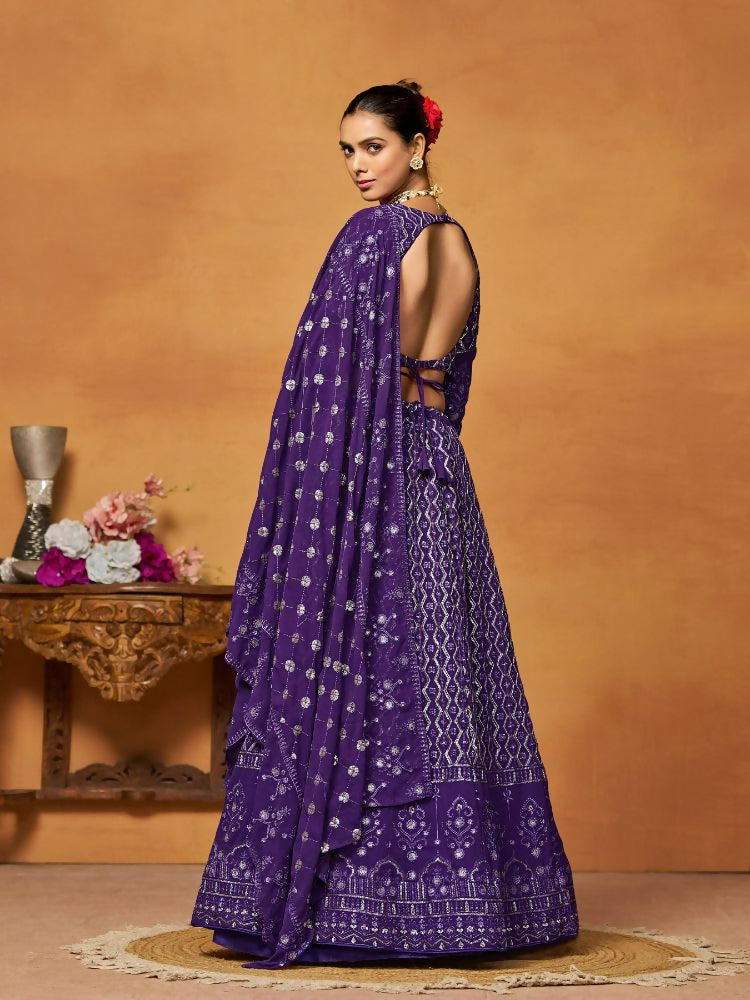 Purple Thread Sequence Embroidered Georgette Lehenga Choli - Jihu Culture
