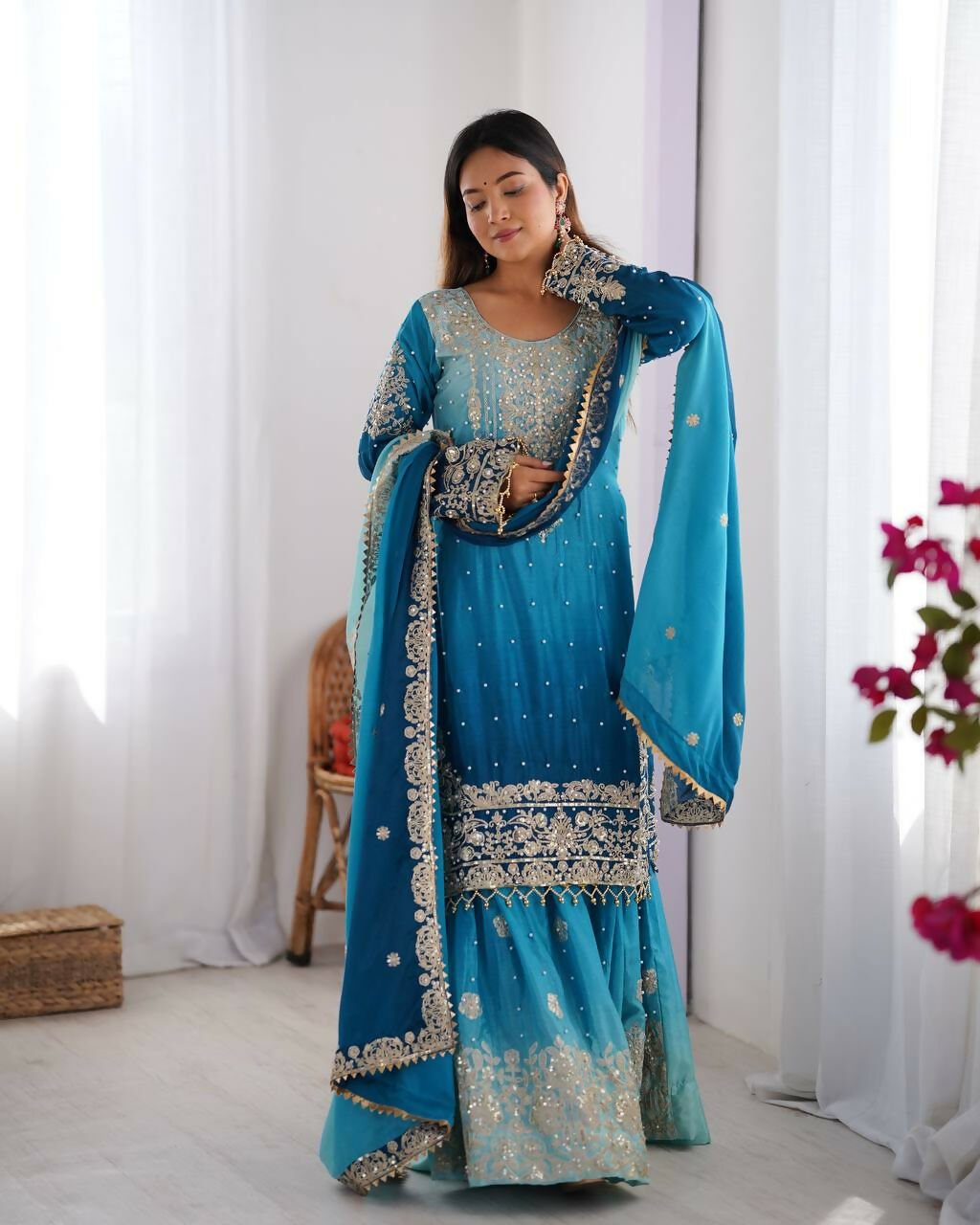 The52 Women's Beautiful Chinon silk Fabric Embroidery Work Straight Kurta Palazzo and Dupatta Set - Distacart