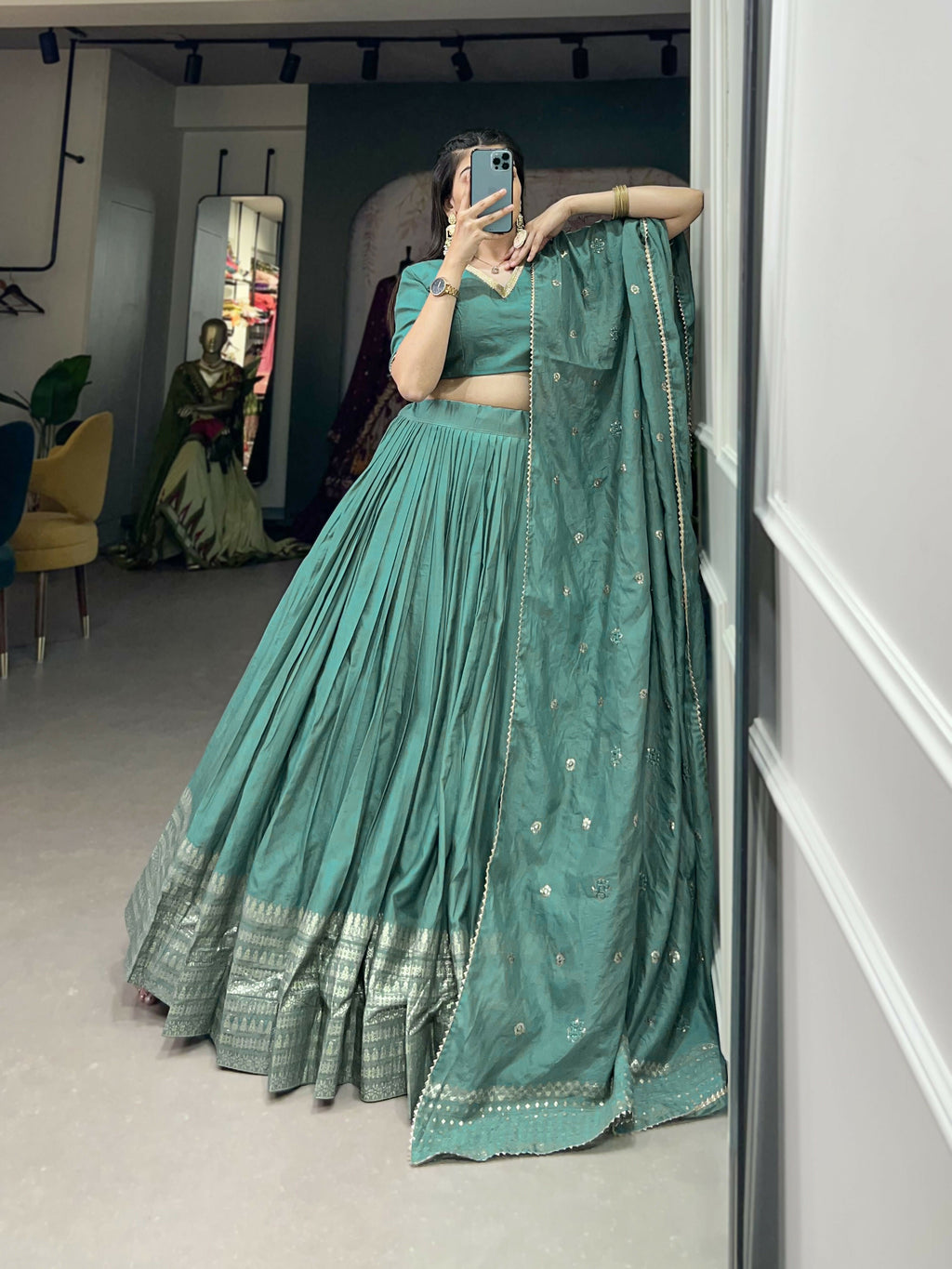 Lorenvalley Seagreen Pure Chanderi Plain With Zari Weaving Work Border Lehenga Choli