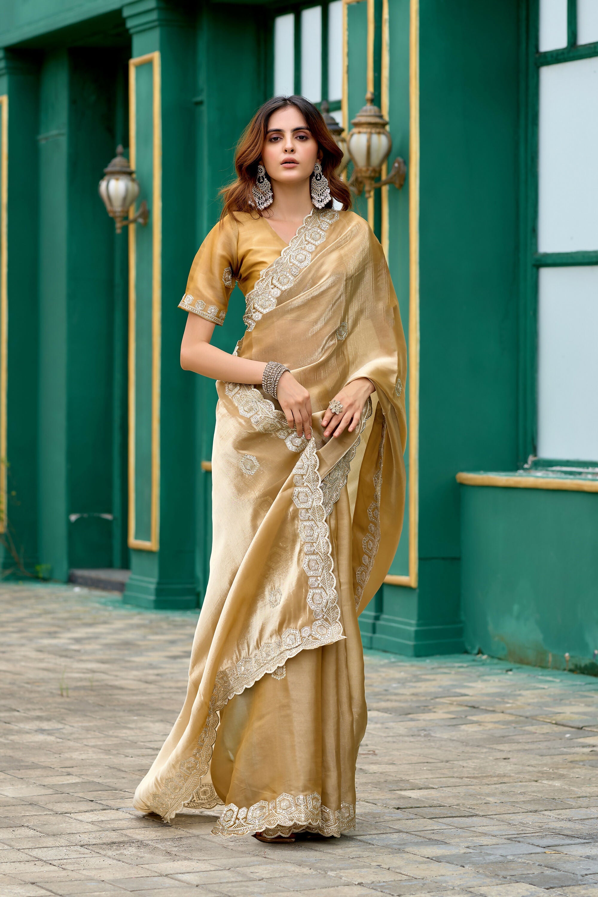 Vastranavya Beige Embroidery Work Shimmer Chiffon Saree with Unstitched Blouse - Distacart